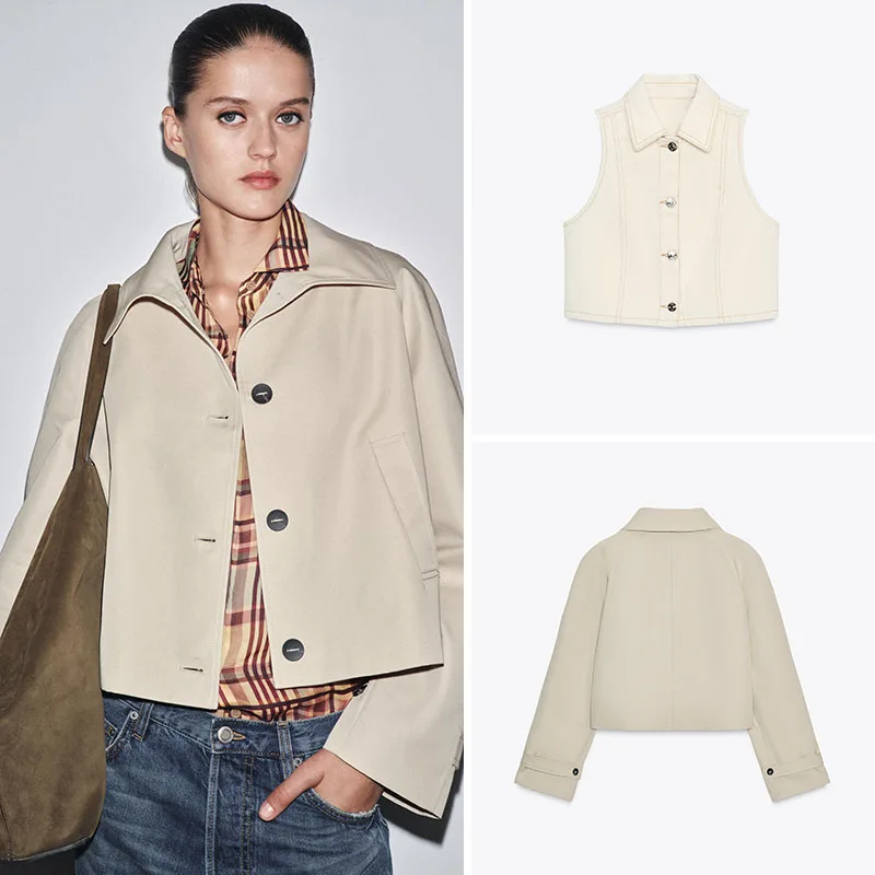 Casual Style Short Length Coat New Autumn Women's Fashion Long Sleeve Turn-down Collar Button Decorated Leisure Windbreaker