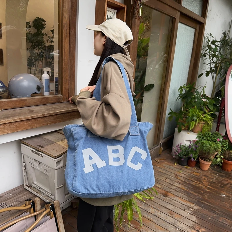 

Letter Print Denim Women's Bag 2023 New Jeans Side Bag Big Canvas Shoulder Bag Y2K Eco Bag Korean Shopping Handbags ABC Book Bag