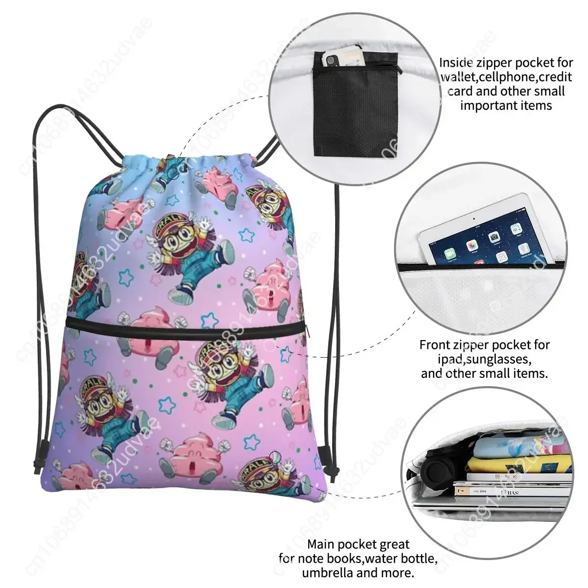 Arale And Poop Dr Slump Portable Backpacks Drawstring Bag Drawstring Bundle Pocket Shoes Bags For Travel Sport Man Woman