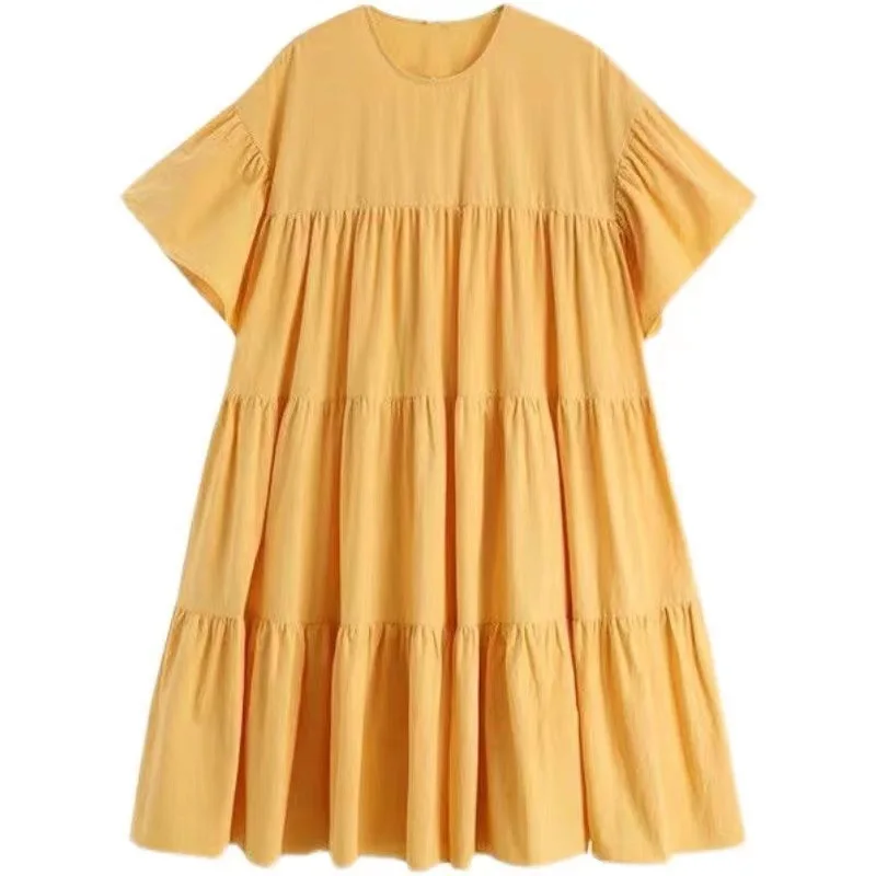 

Yellow Tiered Puff Sleeve Dress Women Casual Summer A-Line Loose Fit O-Neck Short Sleeve Solid Color Layered Dress
