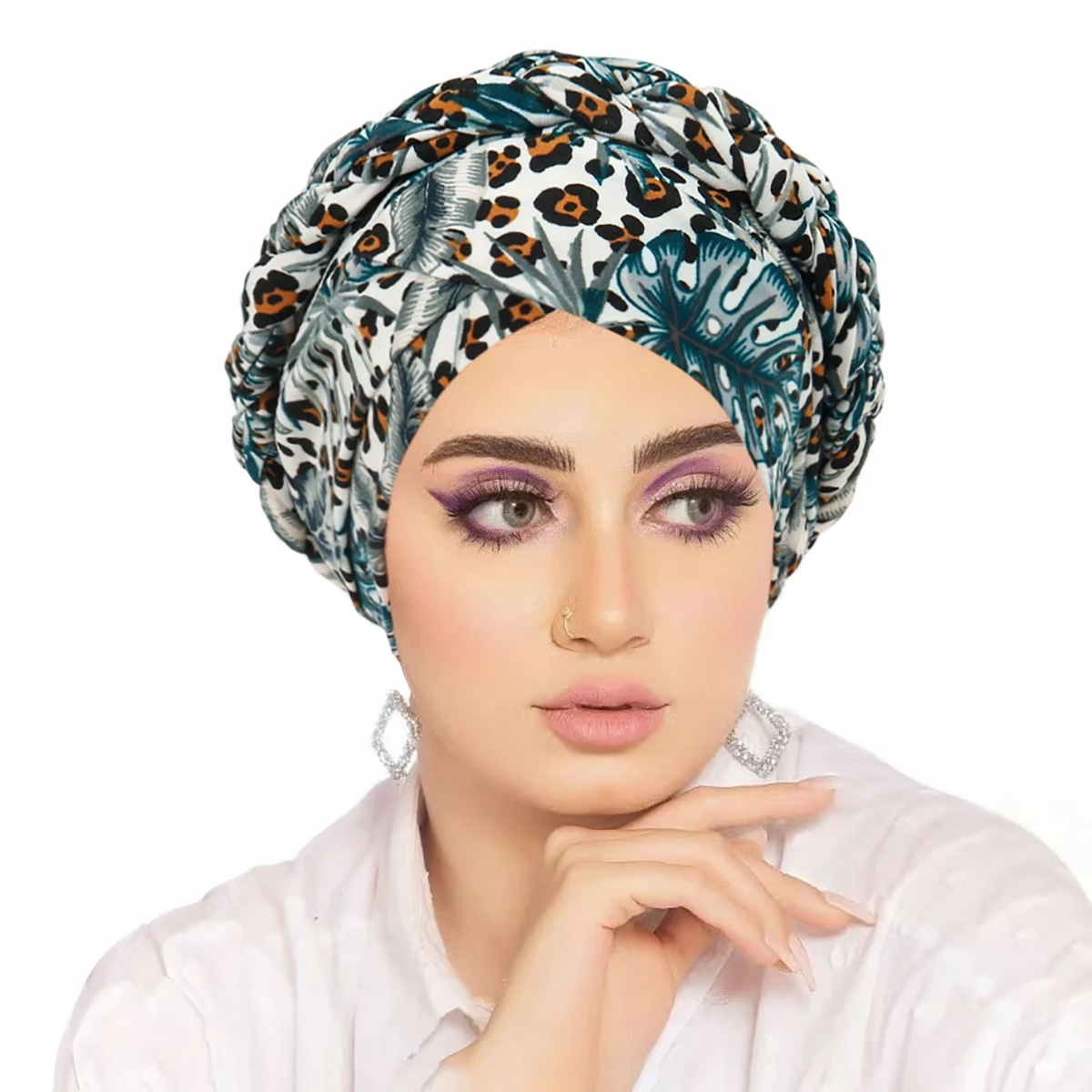 New Braid Hijabs Women Cross Forehead Trendy Print Muslim Woman Turban for Party Elegant Islamic Headwrap Elastic Hijab Bonnets