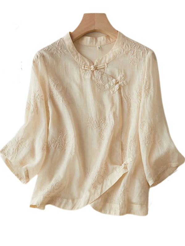 Retro pesado bordado lino ort Sve irt mujer nueva tendencia nacional china Sle botón de solapa oblicua algodón lino té...