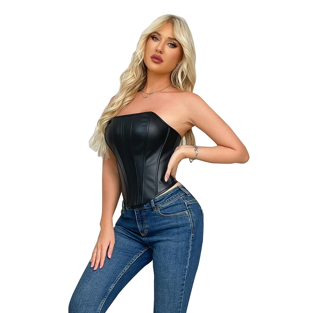 Black Leather Side Zip Bustier Crop Top Women Bare Shoulder Basques Overbust Corset