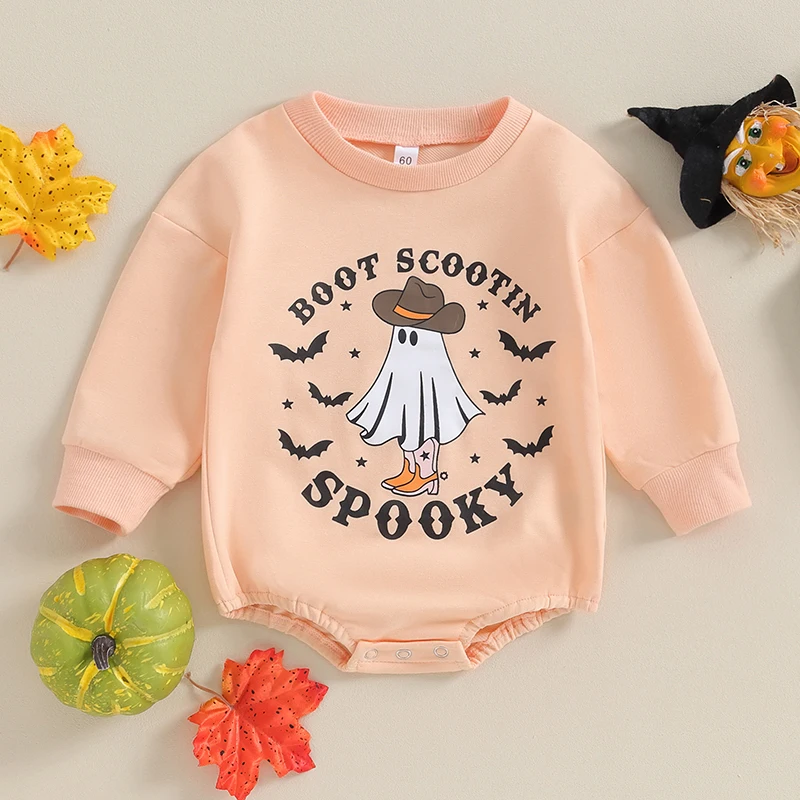 

Cute Baby Halloween Costume Pumpkin Bat Print Round Neck Long Sleeve Romper Toddler Outfit for Fall Festivities