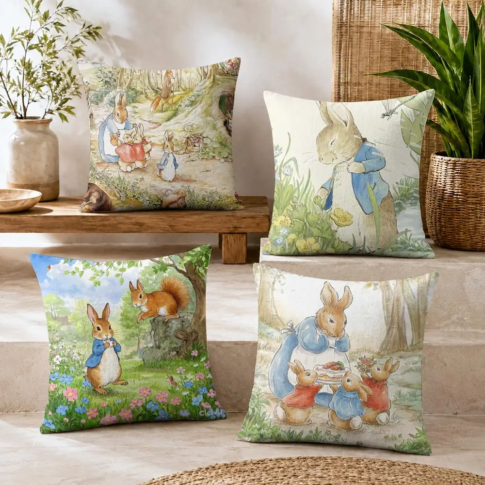 Cartoon P-peter R-rabbit Cushion Cover Natural Linen Organic Fabric Double-Sided Printing Breathable For Decor