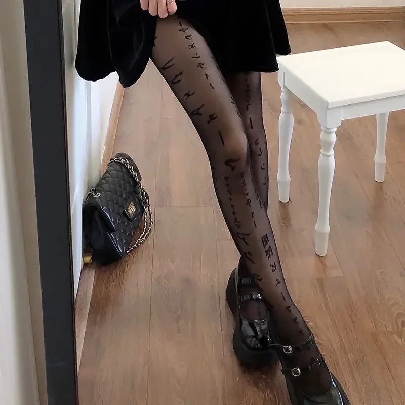 Dünne, Transparente Strumpfhose mit Tattoo-Muster für Damen, Sexy Japanische Kanji-Buchstaben-Druck Strumpfhose, Mädchen Persönliche Durchsichtige Strümpfe