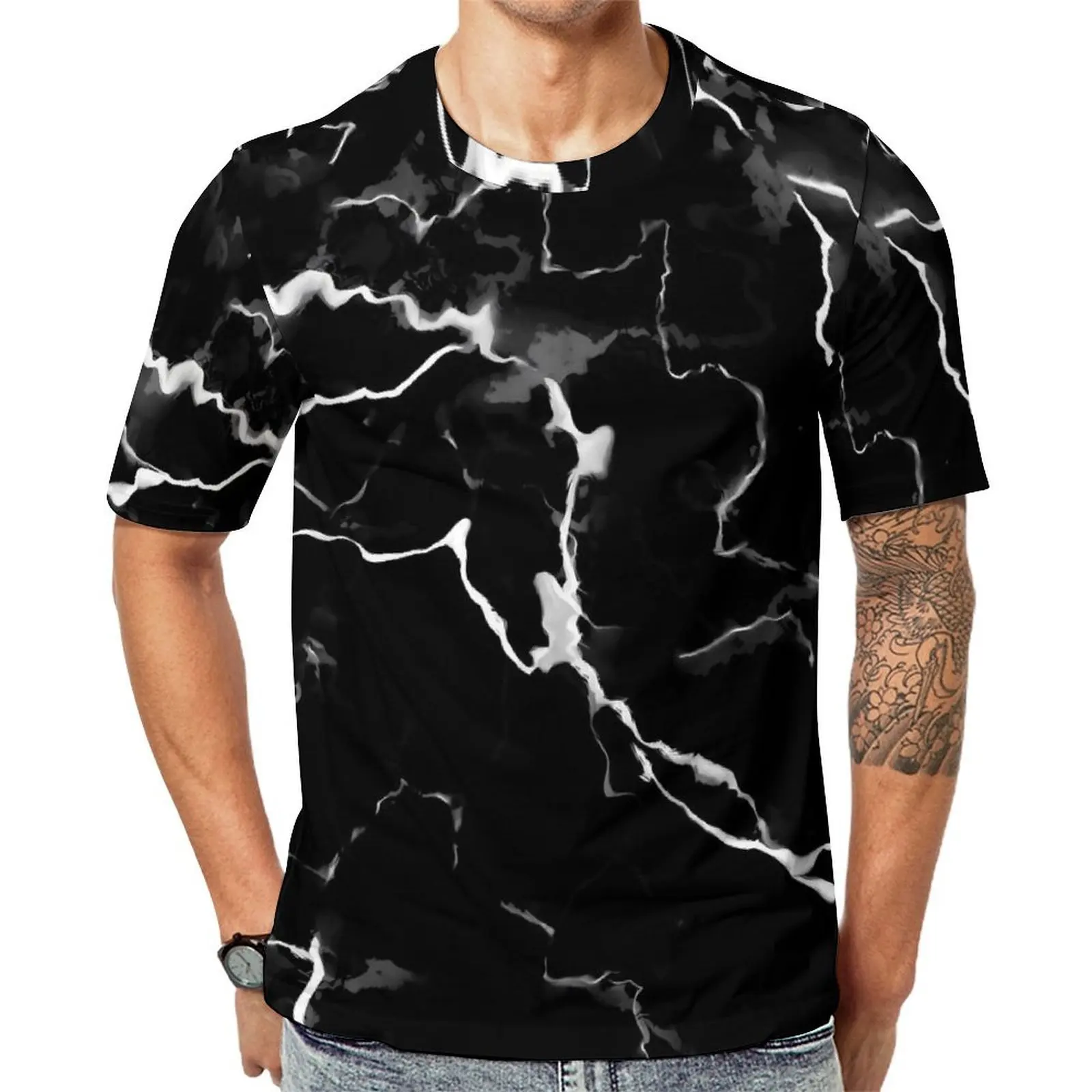 Summer T-Shirt Faux Black Marble T-Shirts Abstract Print Y2K Fun Vintage Tees For Male Short Sleeve Graphic Big Size Tops