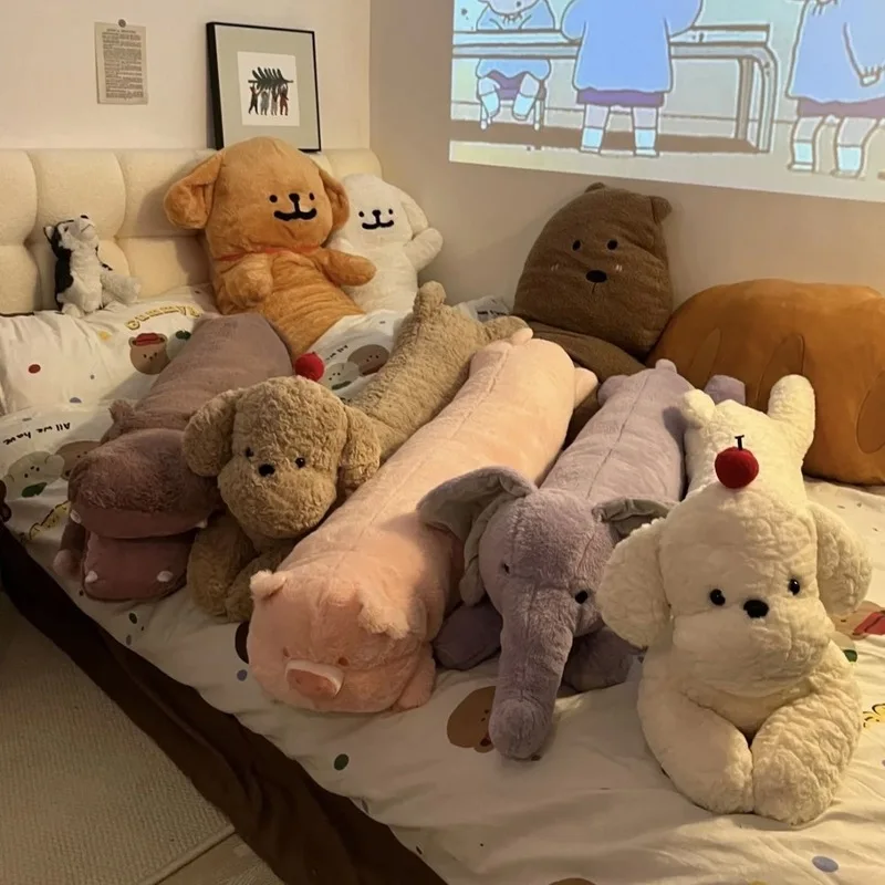 Cute Animal Plush Long Pillow Soft Stuffed Dog Hippo Rabbit Doll Side Sleep Leg Support Cushion For Bedroom Home Decor