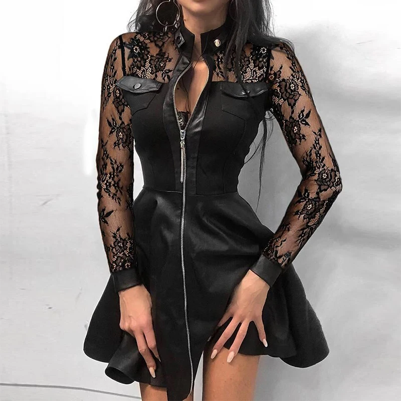 

2025 Autumn/Winter New Sexy Women's Skirt European and American Fashion PU Leather Splicing Lace Waist Dress