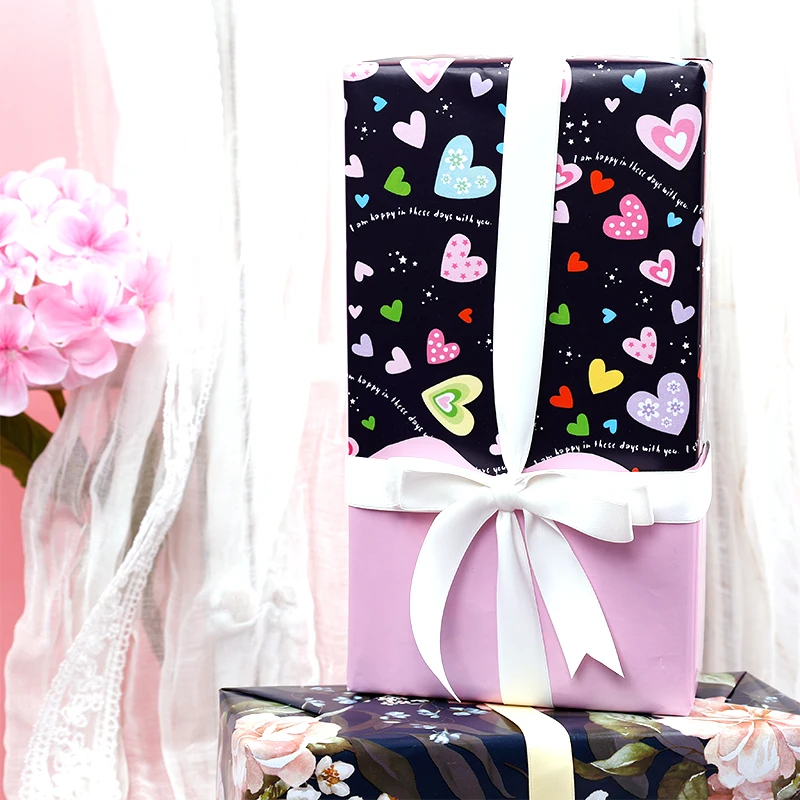 Reversible Double-Sided Colorful Heart Gift Wrapping Paper Roll for Wedding Birthday Holiday Gift Wrapping for Women Girls 3M