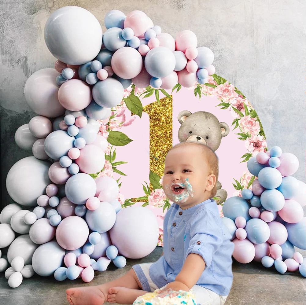 

Round Cartoon Bear Photography Backdrop Boy Girl First Birthday Party Decoration Baby Shower Child Flowers Balloon Background