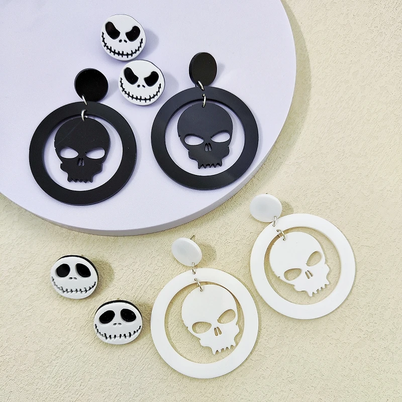 

KUGUYS Halloween Ghost Skull Earrings for Women Black White Color Acrylic Jewelry Accessories