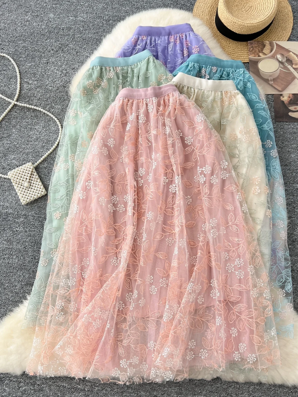 Elegant High-Waist A-Line Mesh Skirt with Embroidery Heavy Embroidery Half-length Skirts for Women Commute Style Korean Version