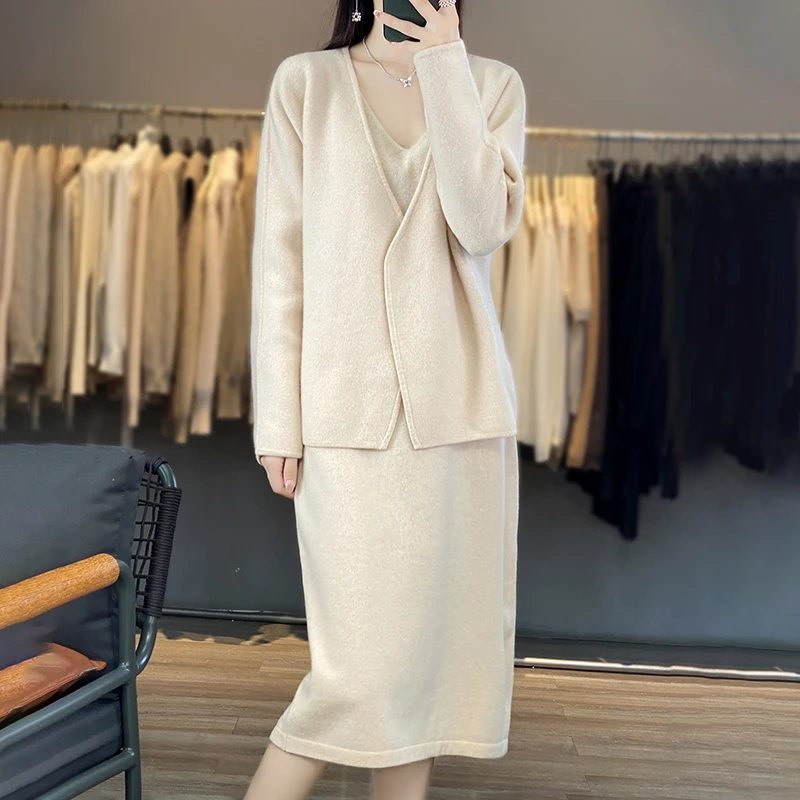 RONGYI 2024 Autumn And Winter New Women\'s 100% Wool Cardigan Suit Knitted Solid Color Dress V-Neck Fashion And Leisure