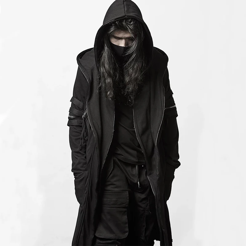 

Готический черный плащ средней длины с капюшоном для мужчин в японском стиле High Street с несколькими молниями, повседневное длинное пальто, плащ Wndbreakers