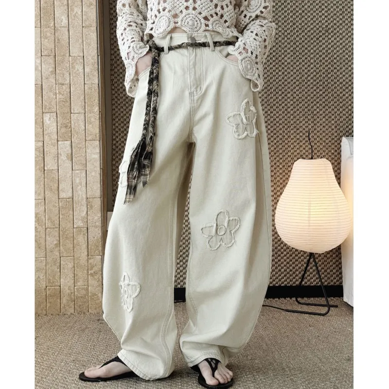 

Johnature Spring Summer New Korean Fashionable Design High-waist Floral Applique Embroidery Jeans Loose Wide-leg Pants For Women