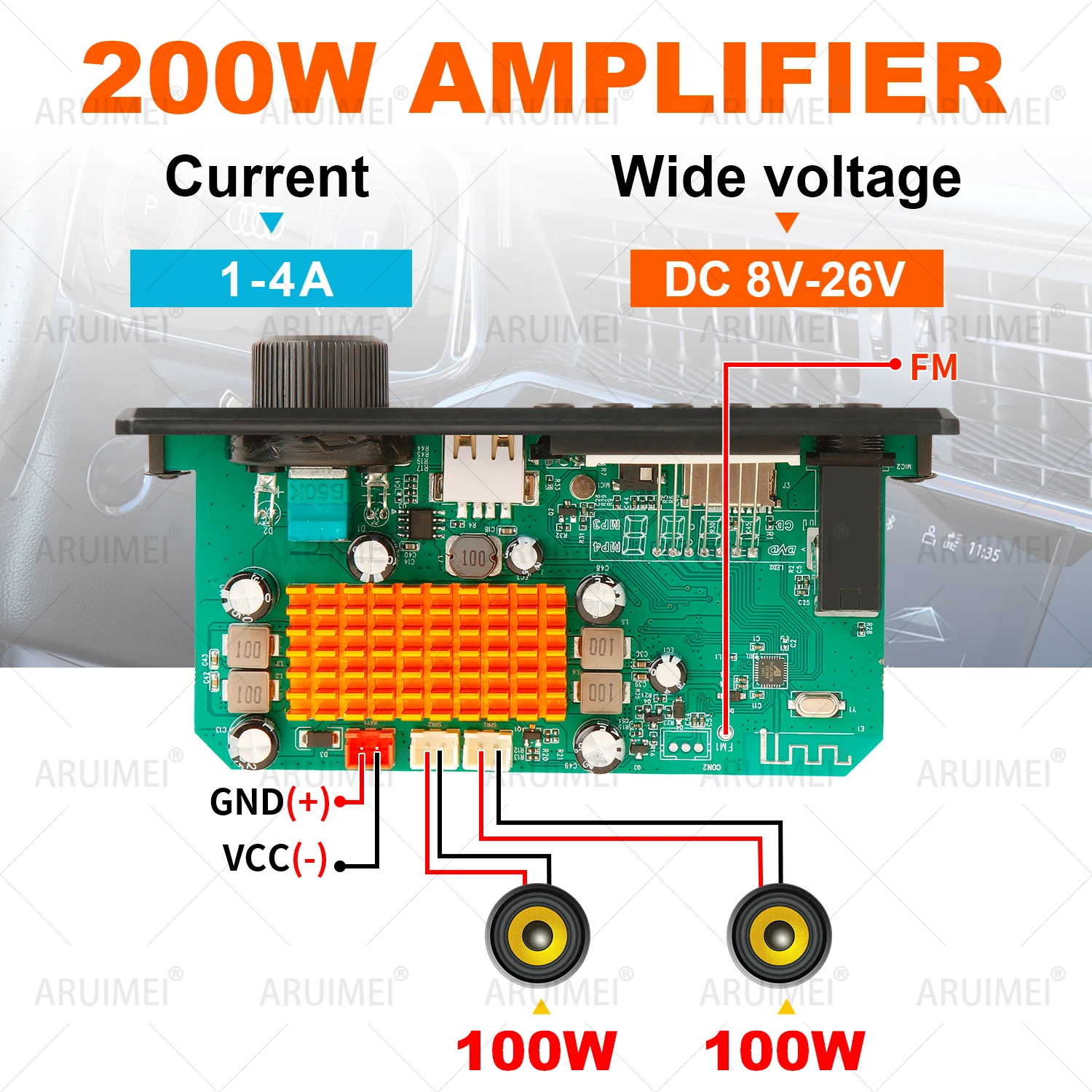 200W Amplifier Module Board Bluetooth 5.1 2*100W Car Equalizer Bluetooth Amplifier 12v DC 8V-26V FM USB TF AUX Mic