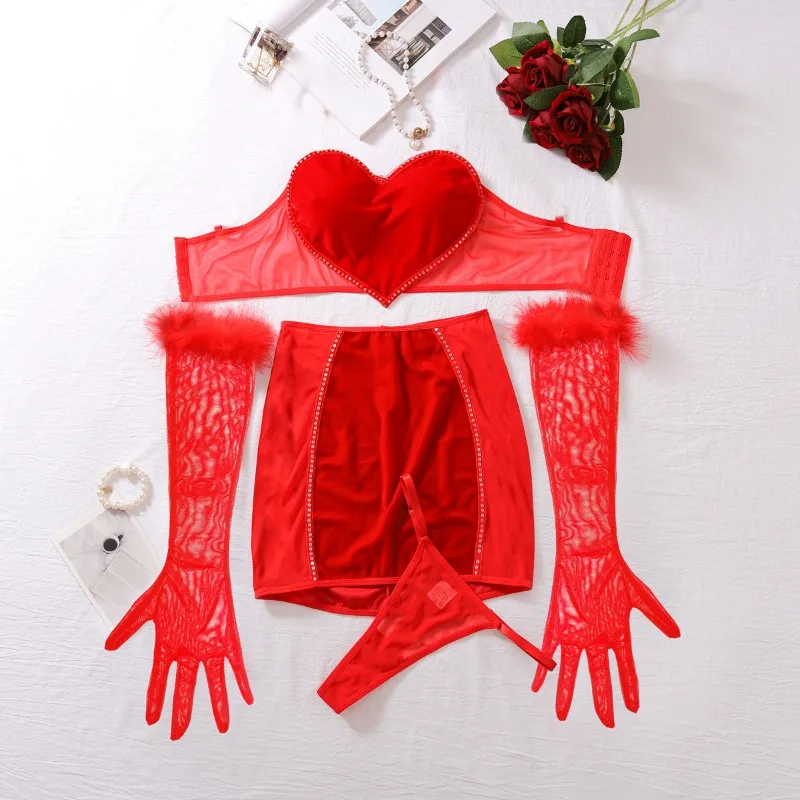 Toucheart 4 Piece Set Red Love Fun Lingerie Skirt Set Women Comfortable See-Through Mesh Solid Color Sexy Gloves Thong Bra Set