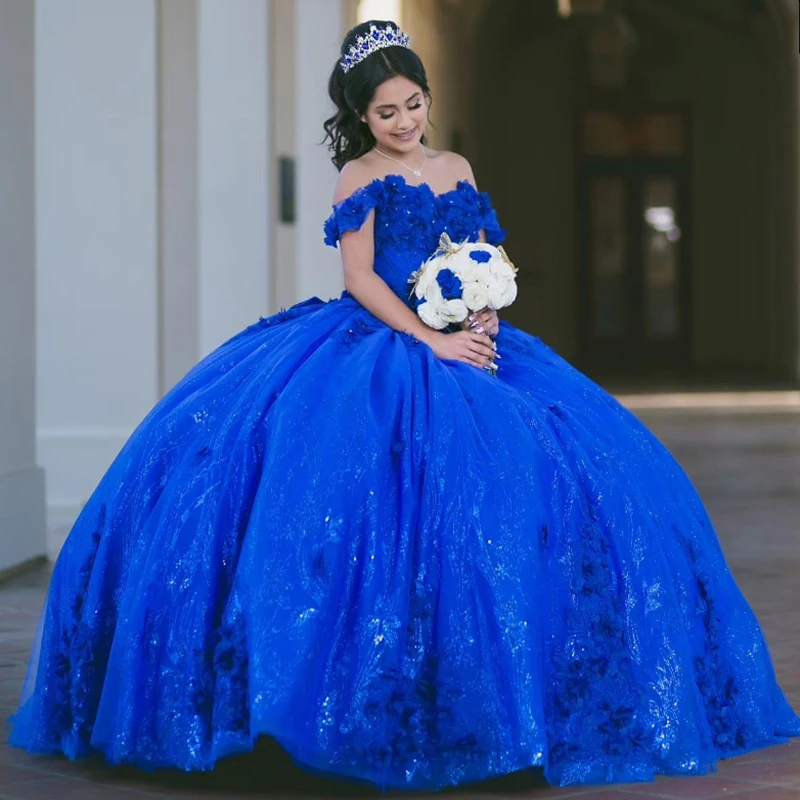 Royal Blue Shiny Quinceanera Dress Off The Shoulder Princess Beads Crystal Tull Sweet 16 Birthday Party Gown Vestido De 15 Anos