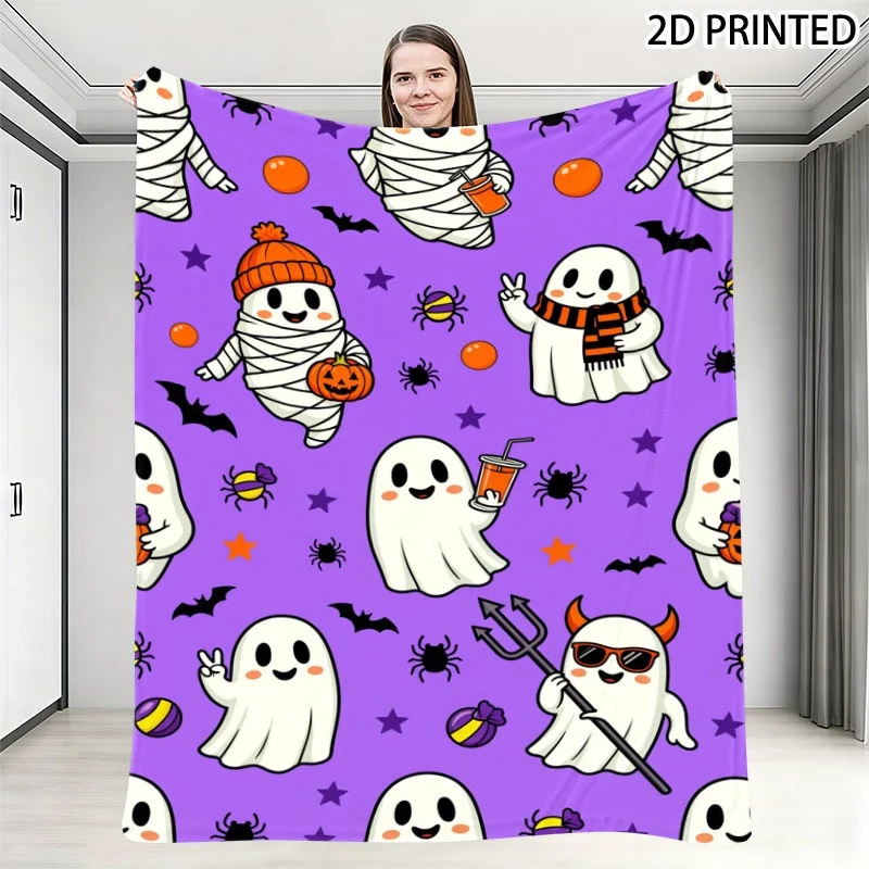 Playful Halloween Cartoon Print Throw Blanket, Purple Background with Cute Ghosts, Mummies, Bats & Festive Elements, Multiple Sp