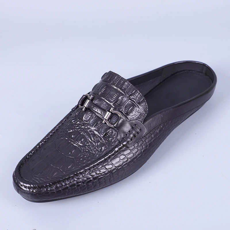 

Men's Genuine Leather Crocodile Embossed Mules with Genuine Leather Lining&Rubber Outsole Slip-On Casual Business Daily Loafer