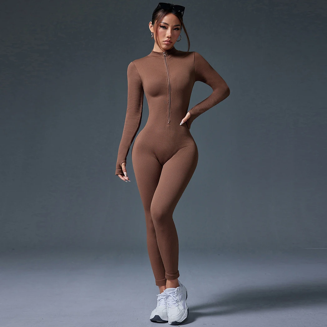 New Women Striped Zipper Gym Jumpsuits Long Sleeve Training Yoga Fitness Suits Athletic Knitted Workout Sports Rompers Outdoor