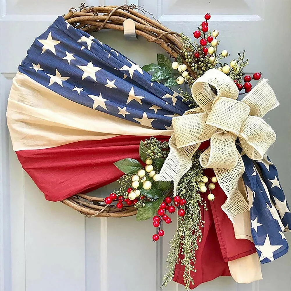 July 4th Wreath Patriotic Americana Wreath Handcrafted Memorial Day Wreath Festival Garland Decoration Front Door Home Decor