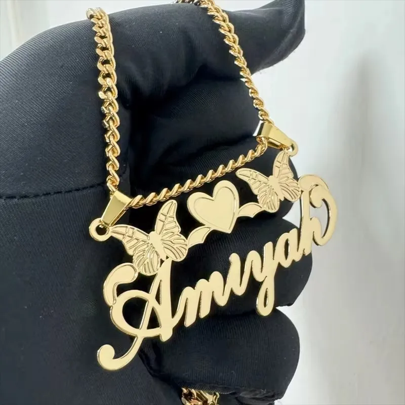 Customized Name New Wholesale Butterfly Necklace Butterfly Heart-Shaped Necklace Gift Personalized Letter Nameplate