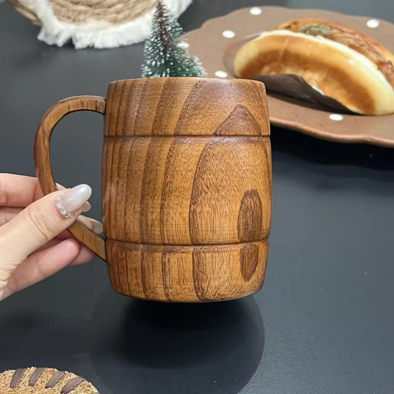 Handmade Natural Jujube Wood Mug With Ear Handle Unique Beer Coffee Milk Wooden Cup For Bar Living Room Home Use