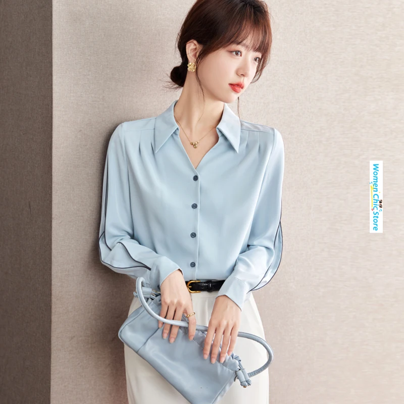 

French Style Elegant Blue Long Sleeve Shirt Women Tops Spring Autumn Loose Fit Casual Blouse Office Lady Camisas De Mujer D2836