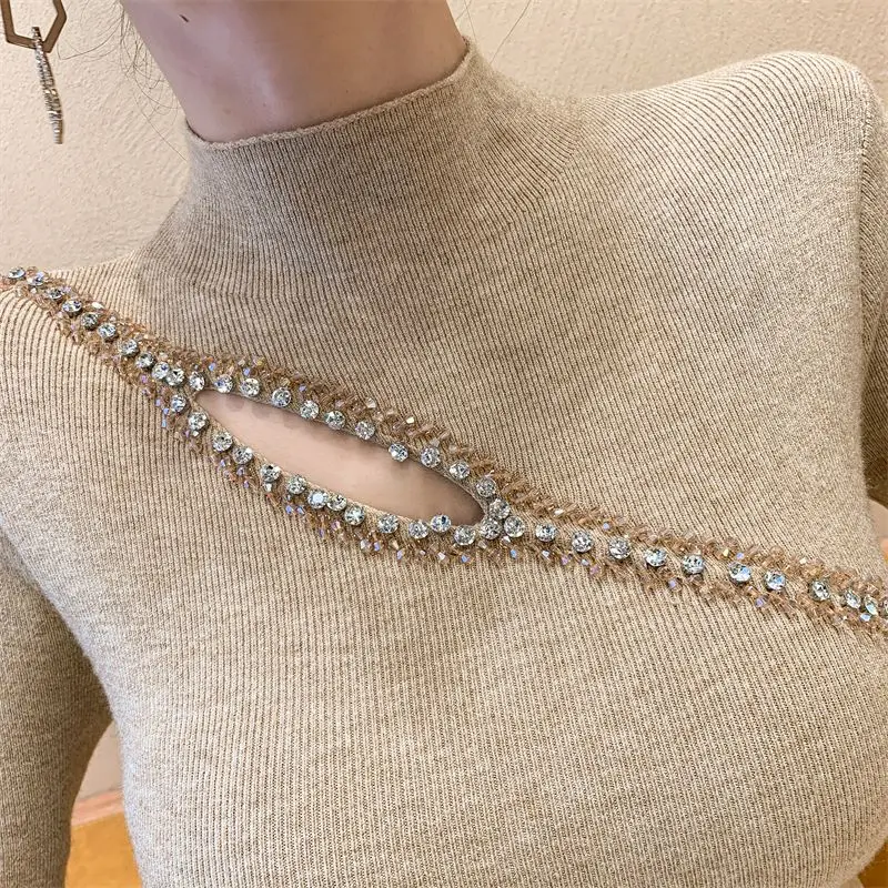 المرأة الكورية موضة مثير الجوف حجر الراين الأساسية محبوك سترة الإناث أنيقة نصف عالية طوق كم طويل سليم البلوز XQ80 #5