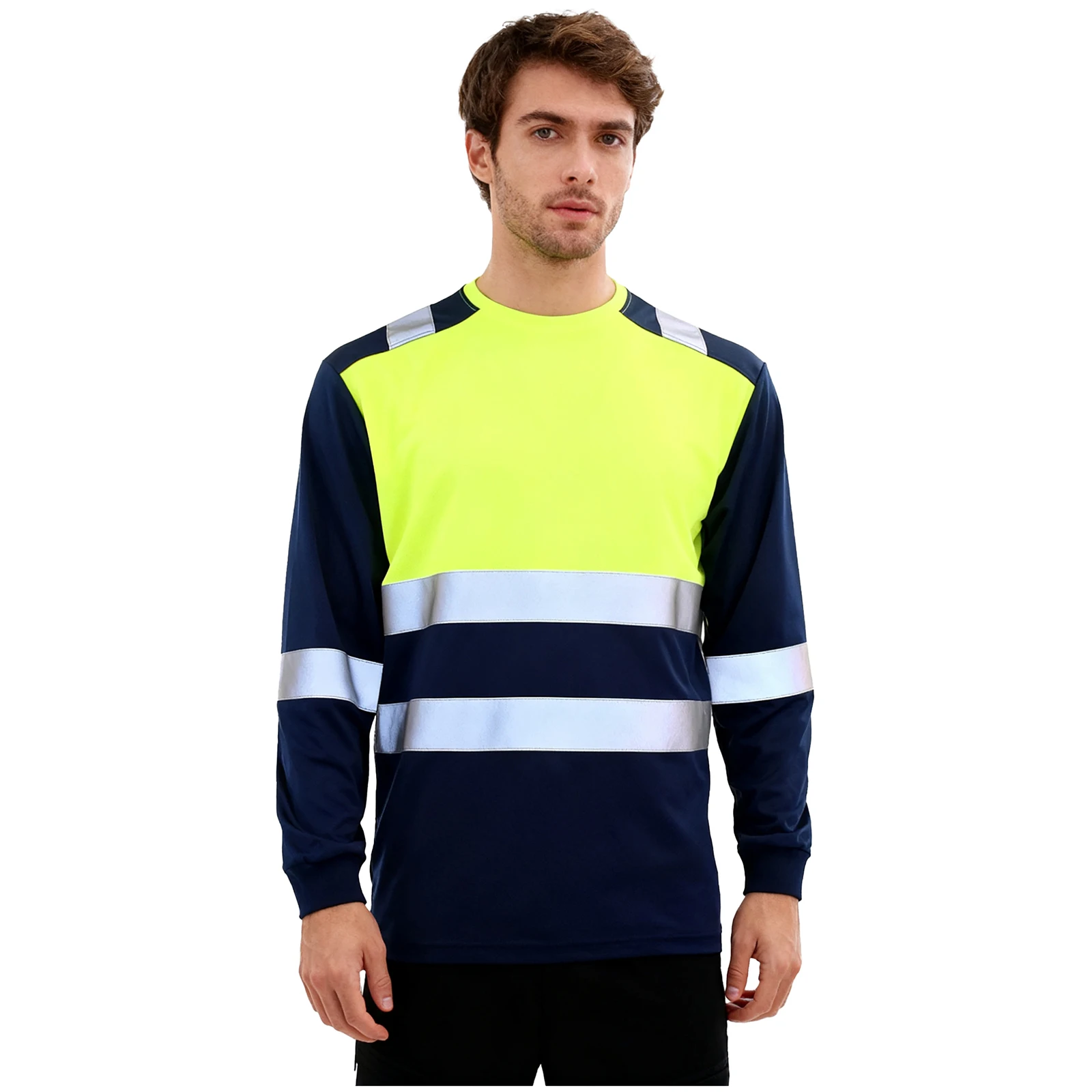 T-shirt à bandes réfléchissantes pour hommes, haute visibilité, manches longues, évacuant l'humidité, bloc de couleur, protection de sécurité, vêtements de travail