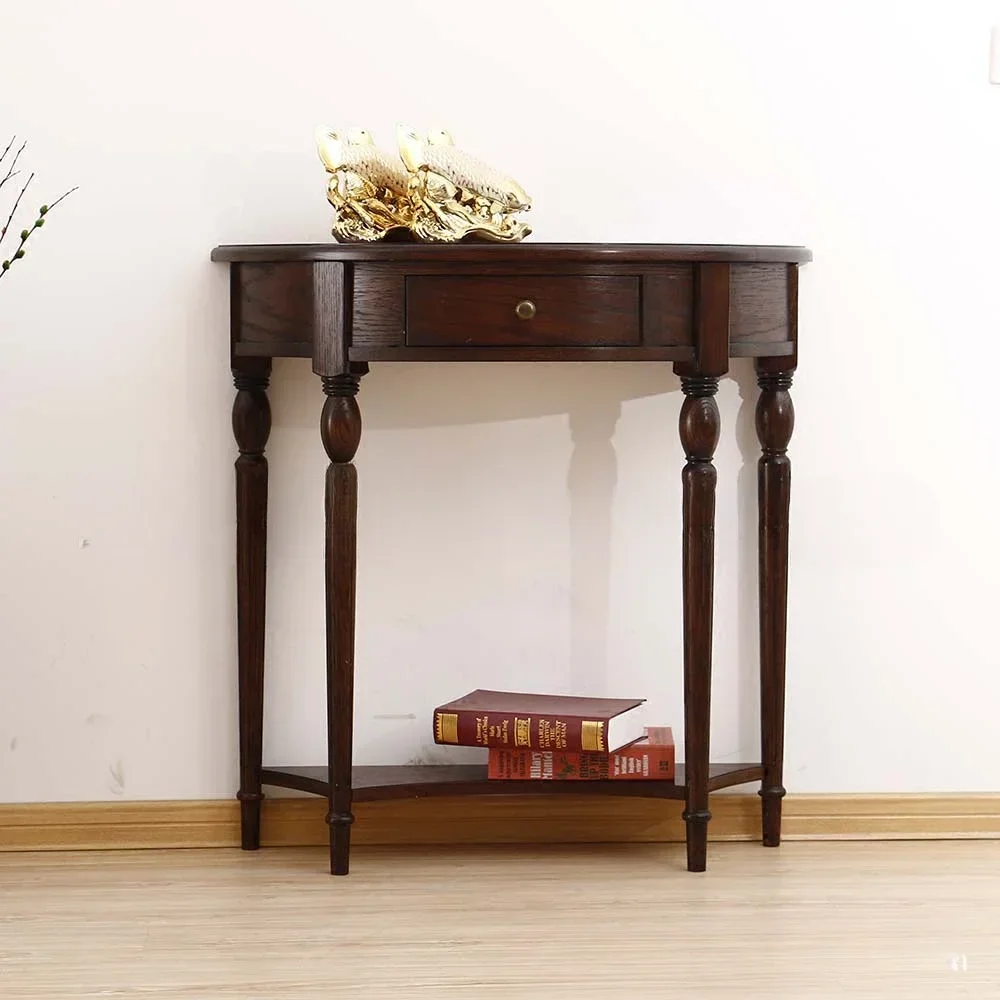 미국 단단한 나무 현관 테이블, 맞춤형 가구, 레트로 오래된 통나무 오크 조각, 반원형 로커 장식 테이블