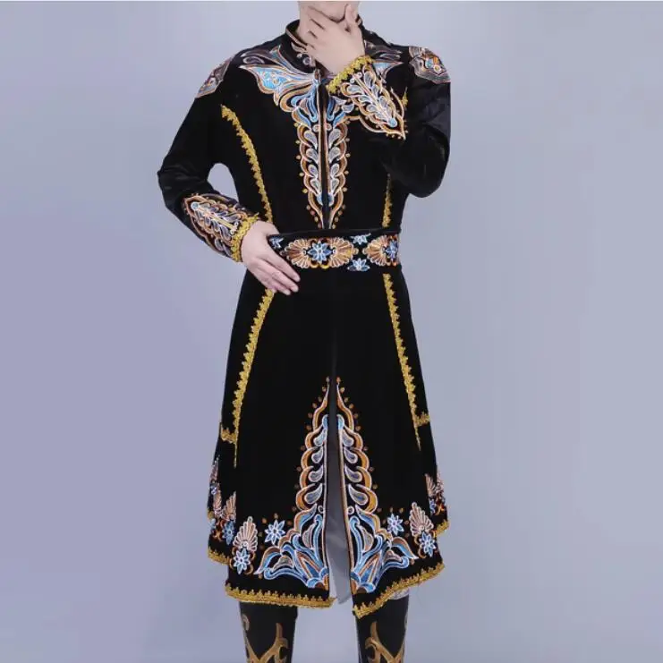 

Chinese Xinjiang Uygurs Man Gown Long Jacket Embroidery Rhinestone Stage Perform
