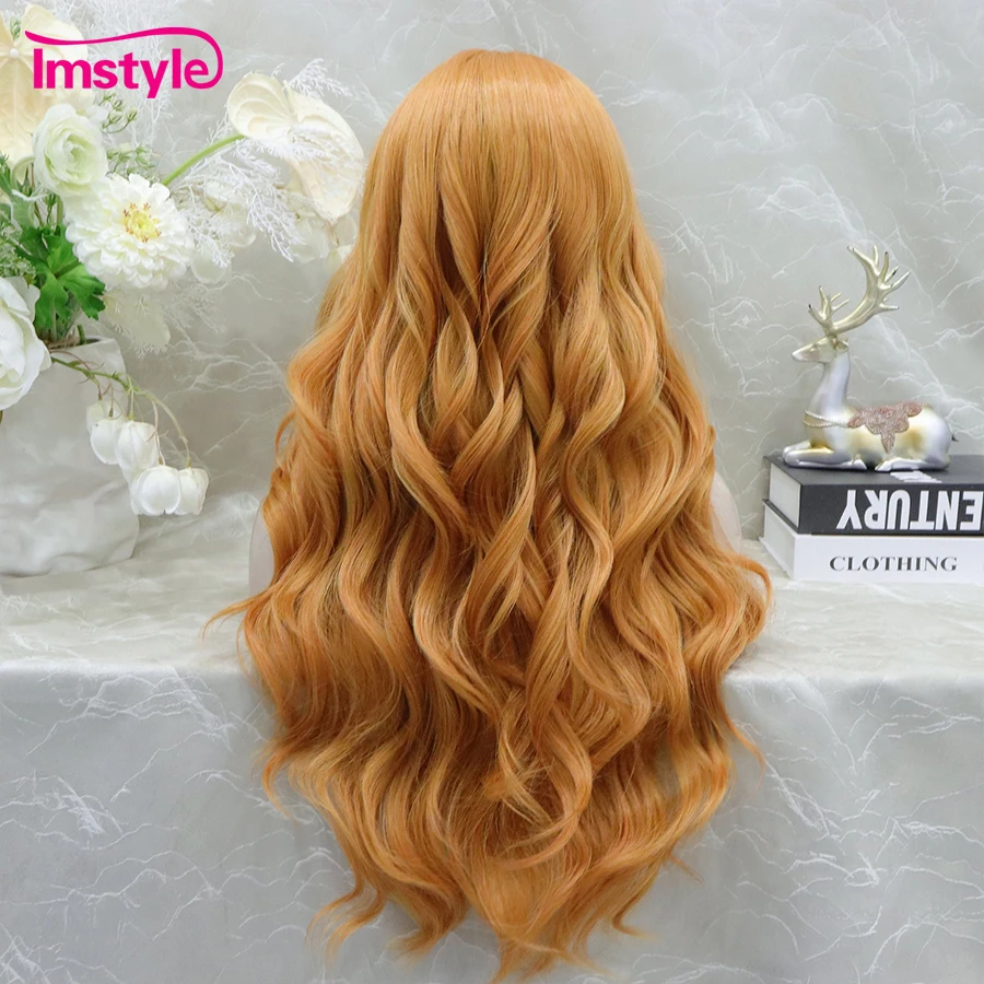 Imstyle Synthetic Lace Front Wig Natural Wavy Ginger Long Wig for Women Orange Cosplay Wig Heat Resistant Fiber
