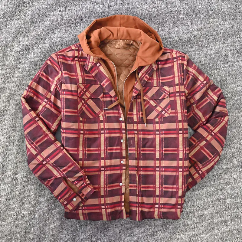 

Men's Plaid Quilted Lined Shirt Jacket Winter Thick Hoodie Outwear Man Thicken Warm Hooded Cotton Padded Coats