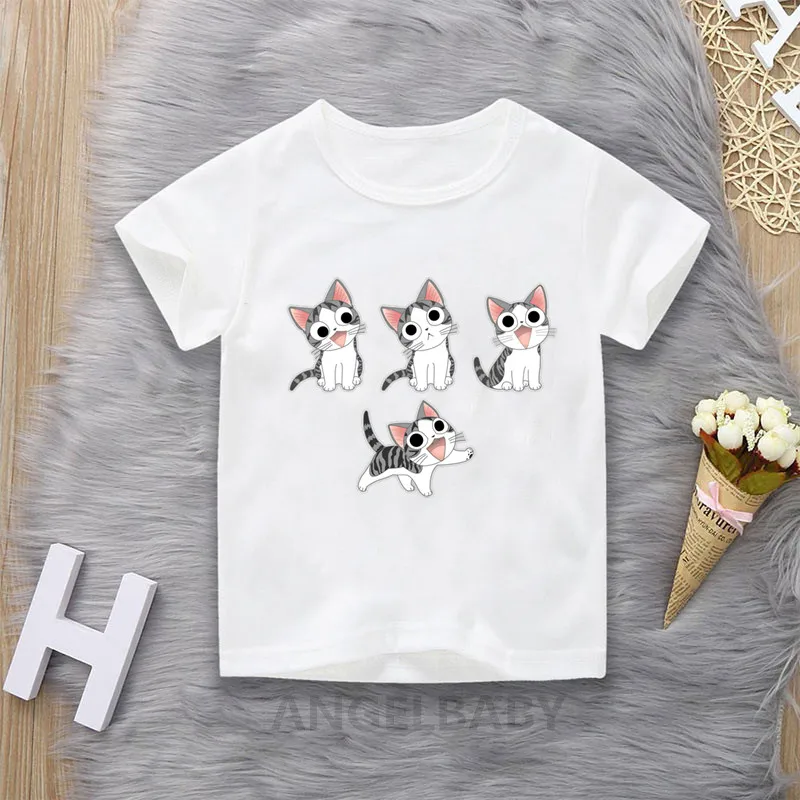 Camiseta de dibujos animados de gato Kawaii para niños, Tops bonitos de verano para niñas, ropa para bebés, camiseta de manga corta divertida para