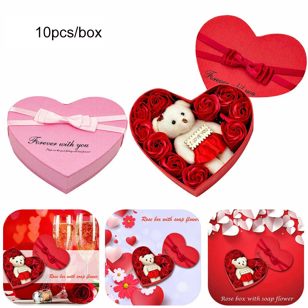 Valentines Day Gift 10 Heart-Shape Soap Flower Gift Box Scented Rose Flowers With Bear Birthday Wedding Romantic Couples Gift