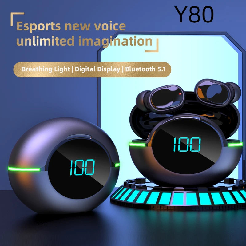 Y80 Беспроводные наушники WTS Bluetooth поставляется с цифровым окружающим освещением 5.1 Bluetooth-наушники Спортивные модные беспроводные наушники