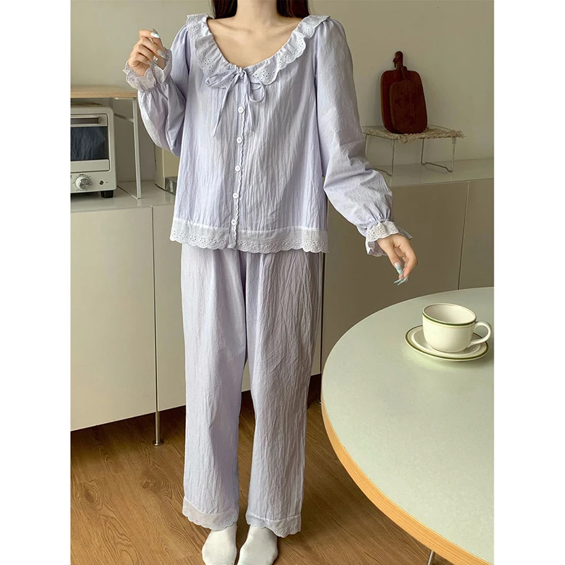 Lace Sleepwear Women Pajama Sets Piiama Korean Autumn Pants Sets 2 Pieces Purple Long Sleeve Night Wears Button Home Suit New