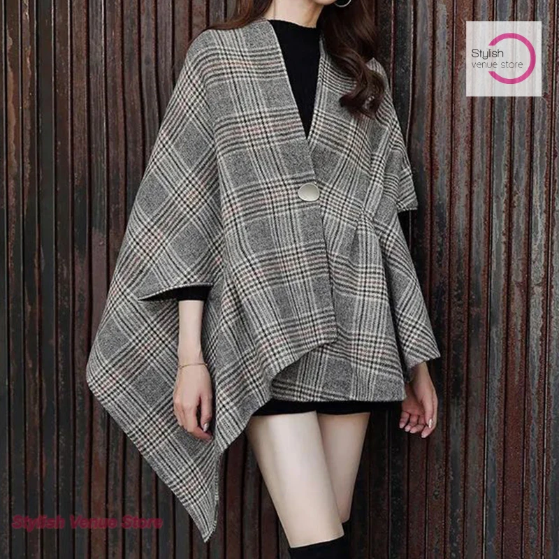 French plaid woolen coat women's autumn and winter fashion retro British little Korean version of loose cloak shawl woolen coat