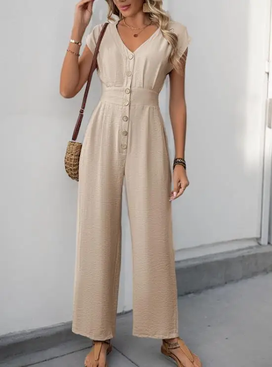 

Женский комбинезон, новинка 2025, летний комбинезон, повседневный комбинезон с v-образным вырезом и открытыми пуговицами, широкий комбинезон, минимальный повседневный и удобный комбинезон