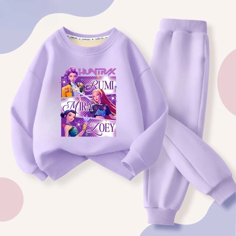Conjunto de Moletom Infantil 2 Peças Outono 2026 KPop Demon Hunters com Estampa para Meninas, Calça e Blusa Esportiva