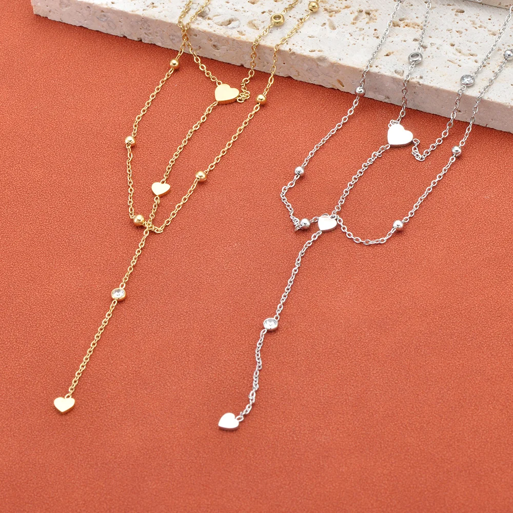 Lokaer Edelstahl dreilagige Y-förmige Herz-Halsketten in Goldfarbe, Modeschmuck, lange Halskette für Damen, N26003