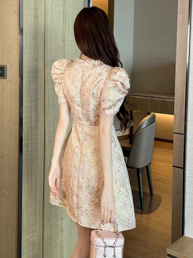 Fashion Sweet Short Dress Women Clothes Elegant Luxury Pearl O-Neck Slim Mini Gown Female Party Birthday Banquet Vestidos Fiesta