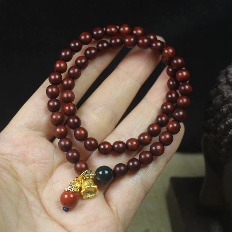 Zambian Rosewood Blood Sandalwood 6mm Double-Loop Bracelet with Lily of the Valley Pendant, Forest Style Prayer Beads 5