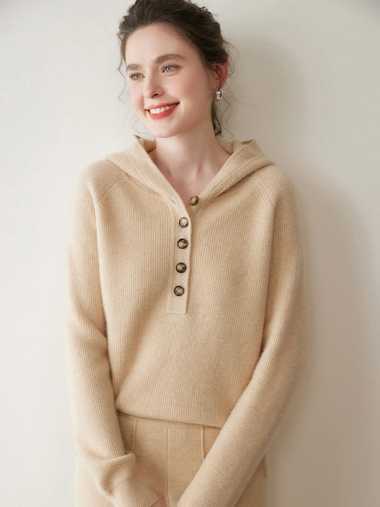

TLOML New Women 100% Cashmere Sweater Hoodie Buttons Design Pullover Casual Loose Cashmere Knitwear Autumn Winter Soft Warm Tops