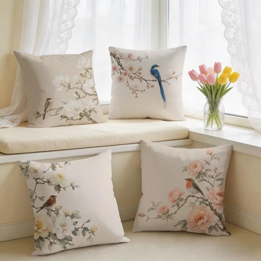 Oriental Watercolor Bird Blossom Pillow Case Double-Sided Plush Sofa Cushion Covers Organic Breathable Invisible Zipper