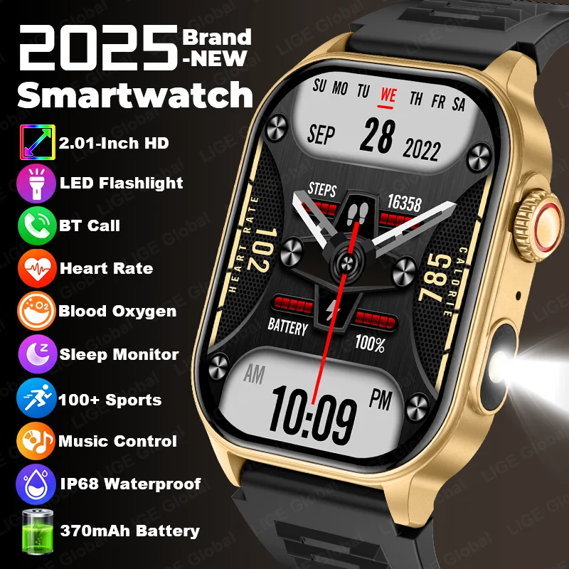 

LIGE New Men Smart Watch Flashlight 2.01" HD Large Screen AI Voice BT Calling Sports Heart Rate Health Monitor Smartwatch Women