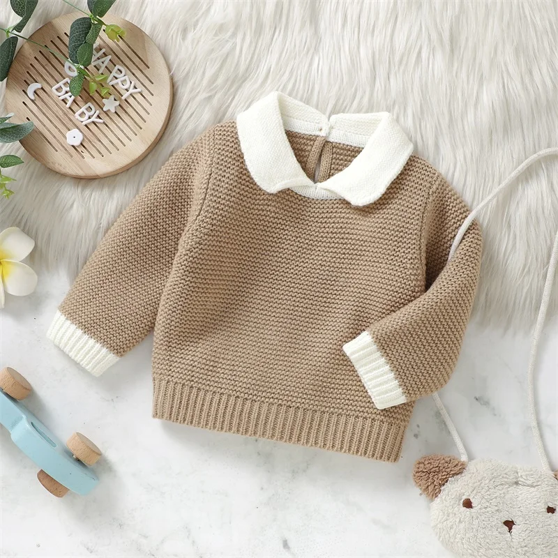 Baby Autumn Winter Xmas Knit Sweaters Long Sleeve Lapel Collar Contrast Color Pullover Infant Fall Tops